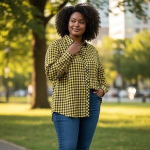 Talbots Yellow and Navy Blue Gingham Button down Women’s Plaid Shirt 2x